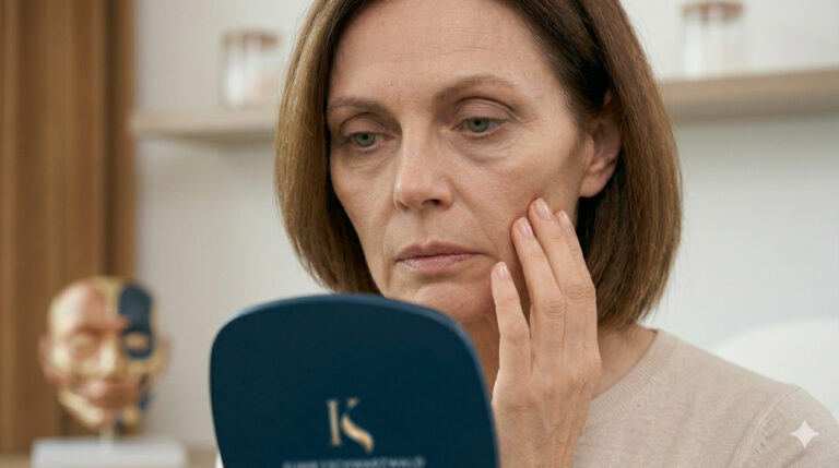 Frau prüft im Spiegel ihr Gesicht auf Anzeichen von Volumenverlust nach Gewichtsabnahme – Beratung zum Ozempic Face in der Klinik am Schwarzwald