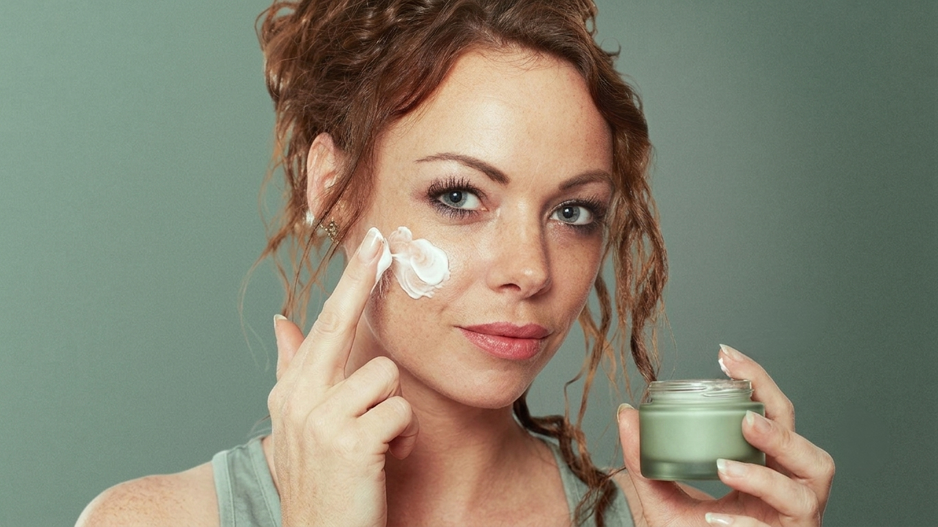 Junge Frau trägt Gesichtscreme auf die Wange auf und hält einen Cremetiegel – Symbolbild zum Ratgeber Collagen Banking der Klinik am Schwarzwald