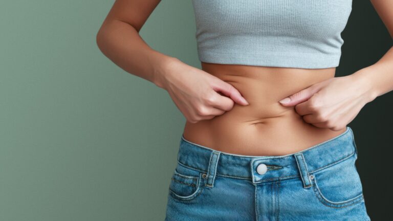 Frau greift eine überschüssige Hautfalte am Bauch — Ozempic Body: Hautüberschuss nach starkem Gewichtsverlust behandeln, Praxisklinik am Schwarzwald Lauchringen