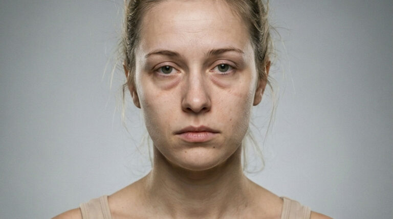 Frau mit muedem Gesicht und Schwellungen unter den Augen, Cortisol Face und Mondgesicht, Klinik am Schwarzwald