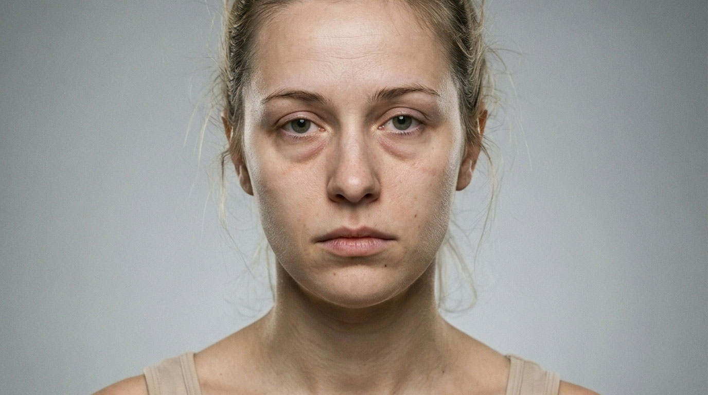 Frau mit muedem Gesicht und Schwellungen unter den Augen, Cortisol Face und Mondgesicht, Klinik am Schwarzwald