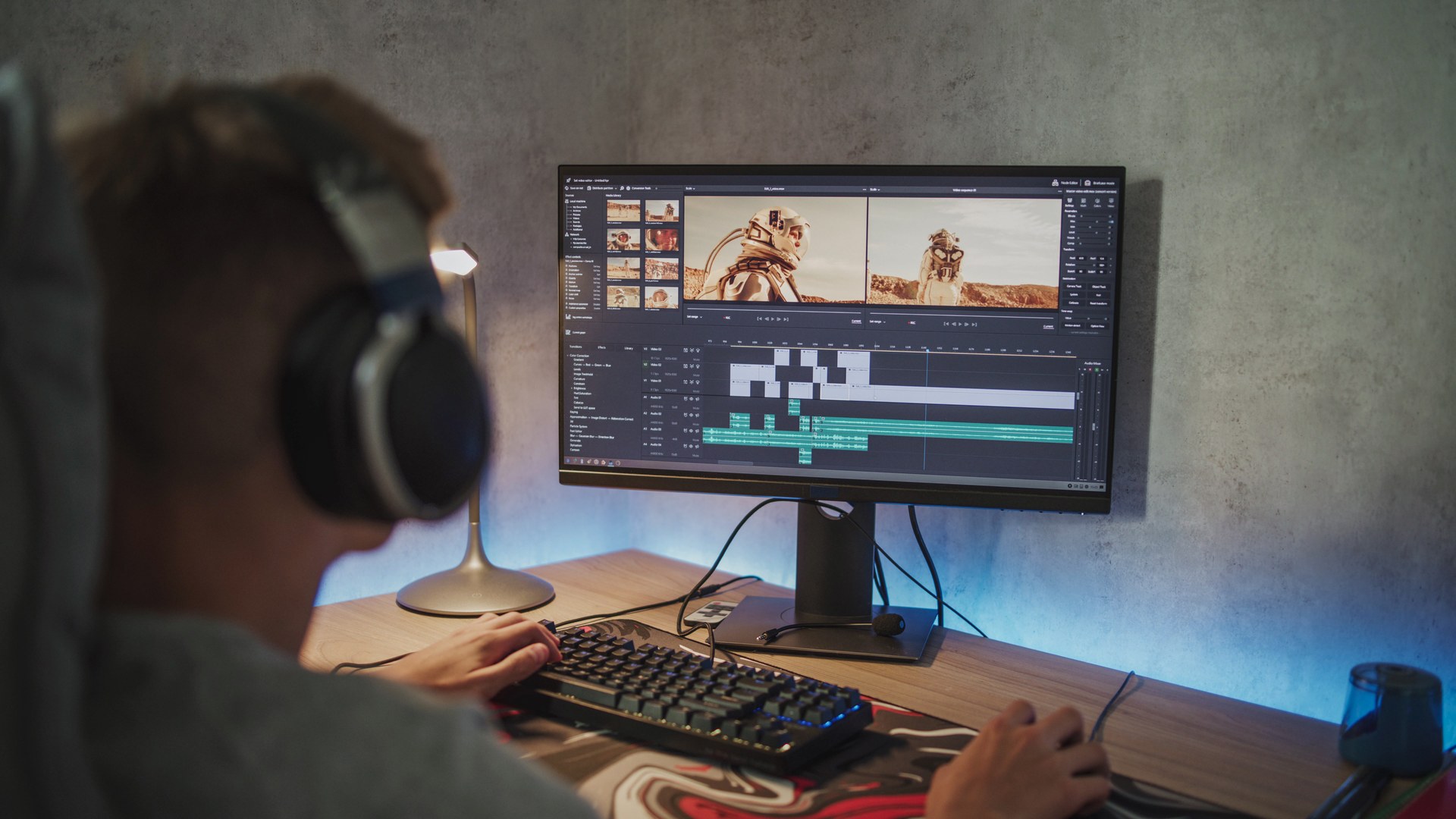 Video-Editor mit Kopfhörern beim Schnitt am Rechner, Zeitleiste eines Schnittprogramms auf dem Monitor